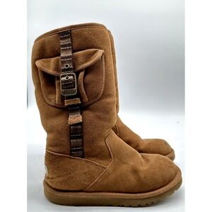 UGG Women's 3 Sherpa Cargo Pocket Boots Brown Leather Buckle Mid Calf Zip‎